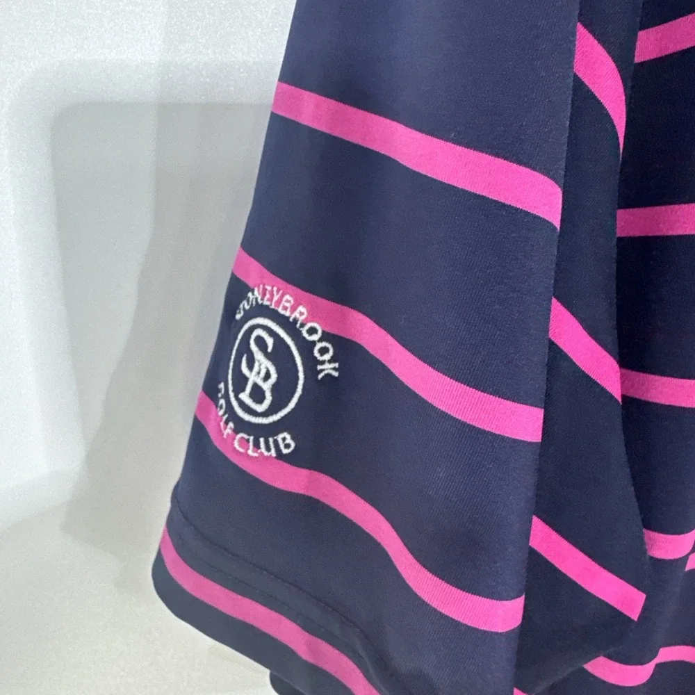 FootJoy Mens Large ProDry Golf Polo Shirt Navy Pink Striped Honeybrook Golf Club